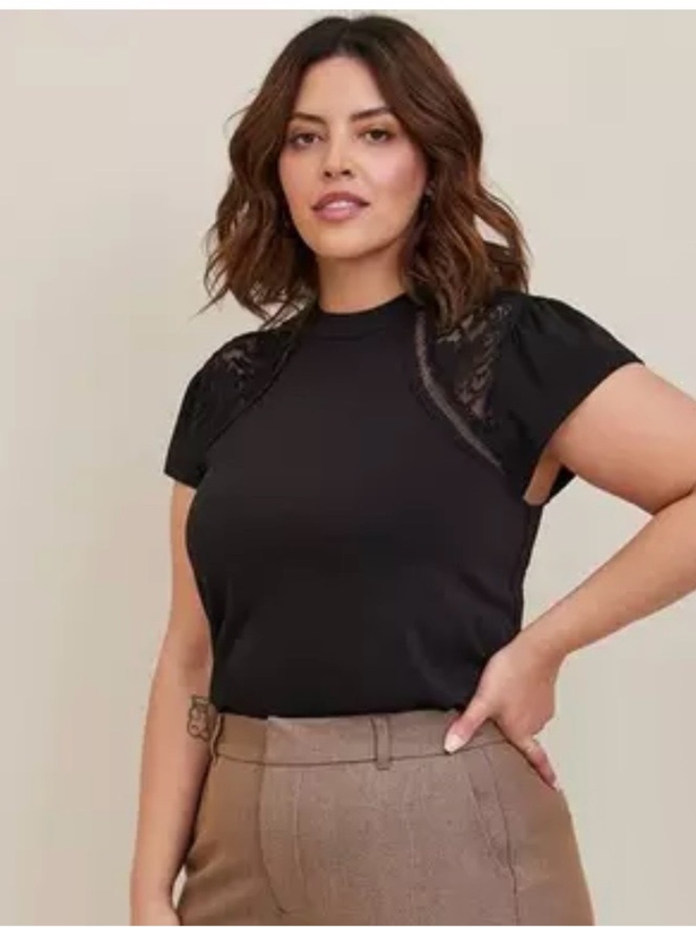 torrid Black Short Sleeve Tee with Lace Shoulder Inset
